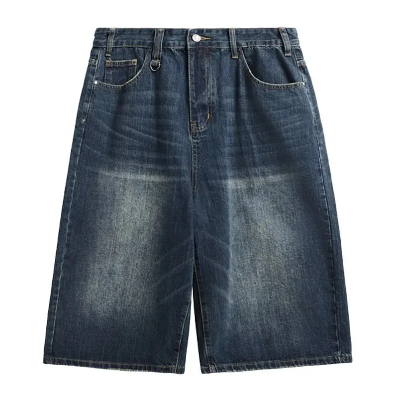 Men Vintage Washed Denim Shorts Loose Wide Leg Retro Nostalgic Tone Summer Streetwear Vintage Cropped Jeans — image 4