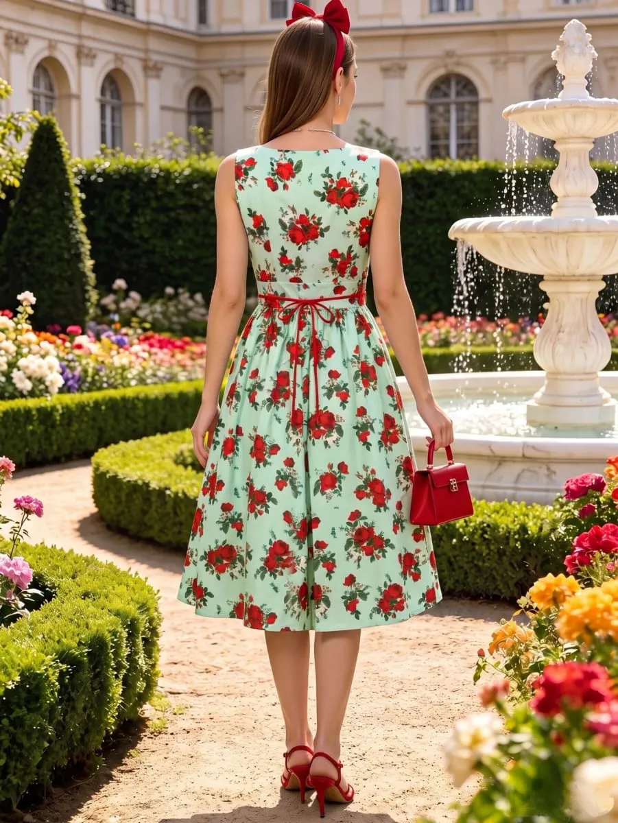 Women's Sleeveless V Neck Floral Print Midi Dress Wrap Design A Line Swing Dress Fashion Casual Ladies Daily Outfit — image 3
