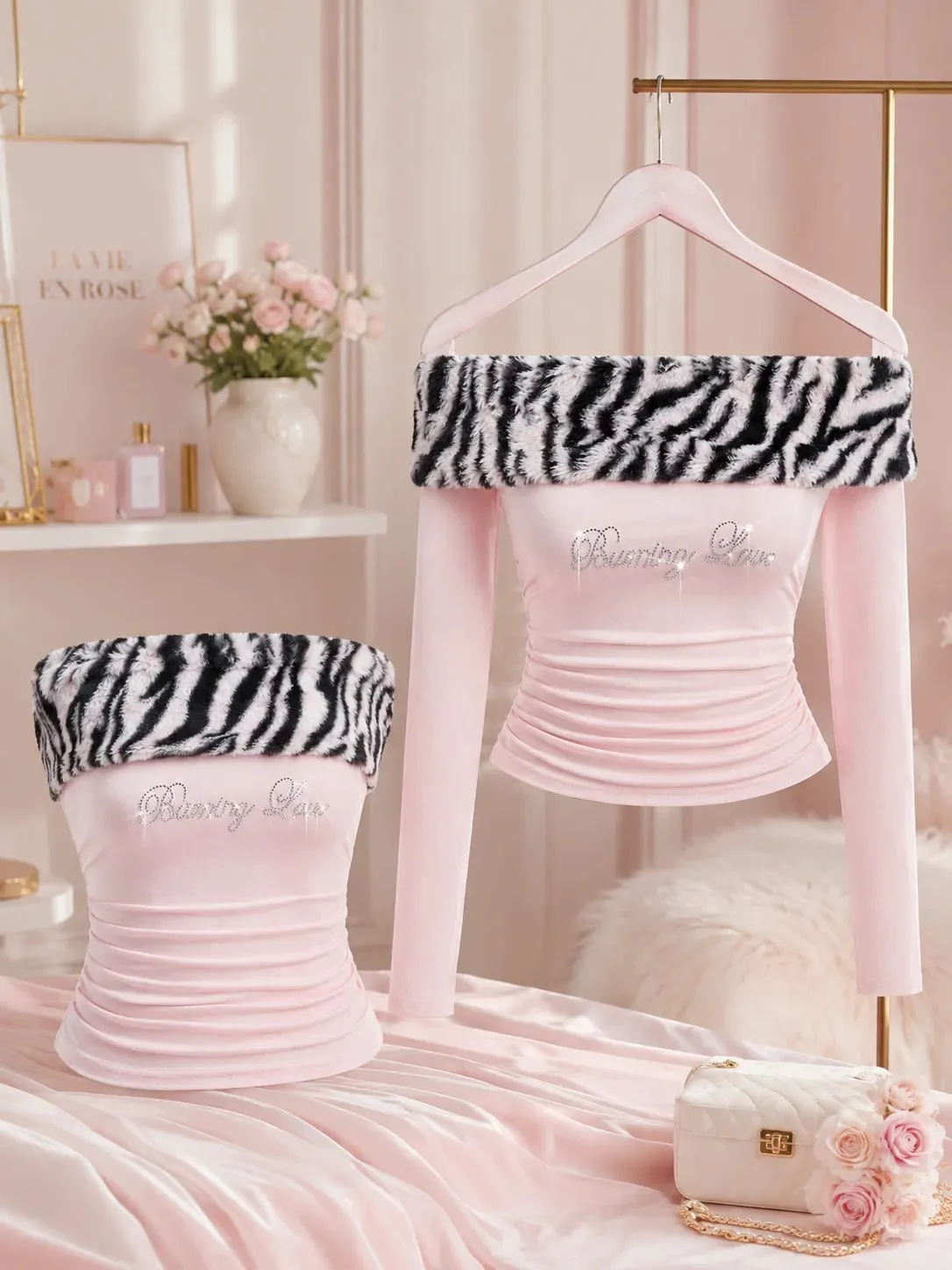 Women Y2K Tiger Print Faux Fur Trim Off Shoulder Top Rhinestone Burning Love Lettering Ruched Waist Fitted Bodycon Cropped Long Sleeve Bardot Tube Top Baddie Going Out Party Club，christmas valentine halloween cosplay costume plus size petit