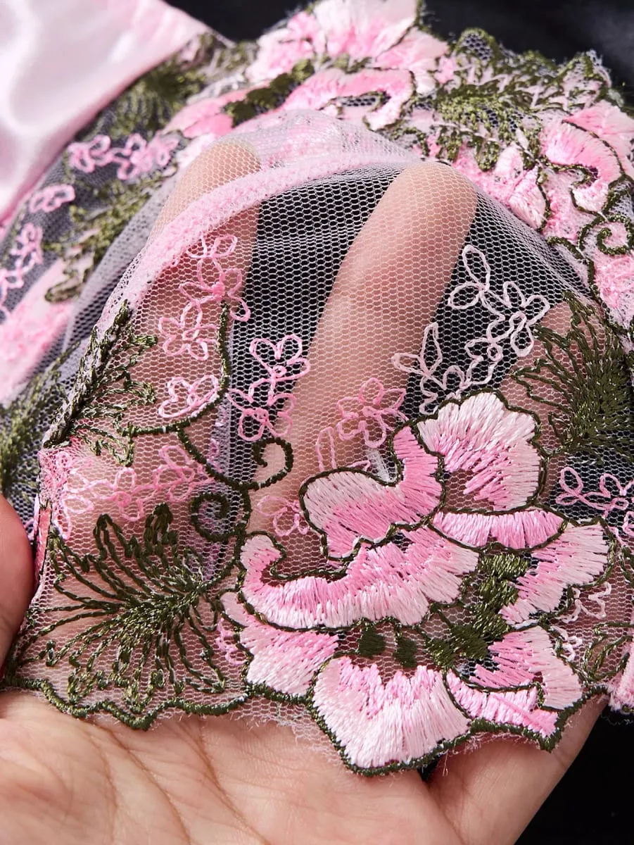 Women Floral Embroidery Lace Lingerie Set Push‑Up Bra & Thong Mesh Satin Intimate Underwear for Daily Nightwear ZA825146 — image 4