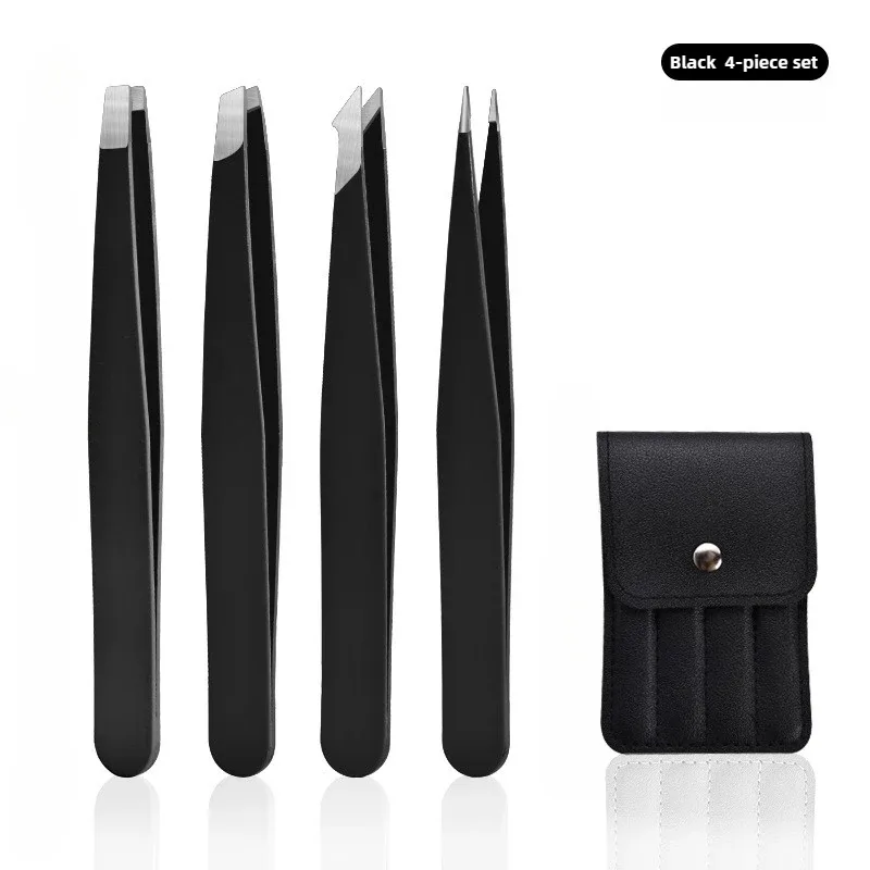Stainless Steel Eyelash Tweezers 4 Pcs Can Precisely Facial Hair and Debris Makeup Tools Comes with a Folding Bag