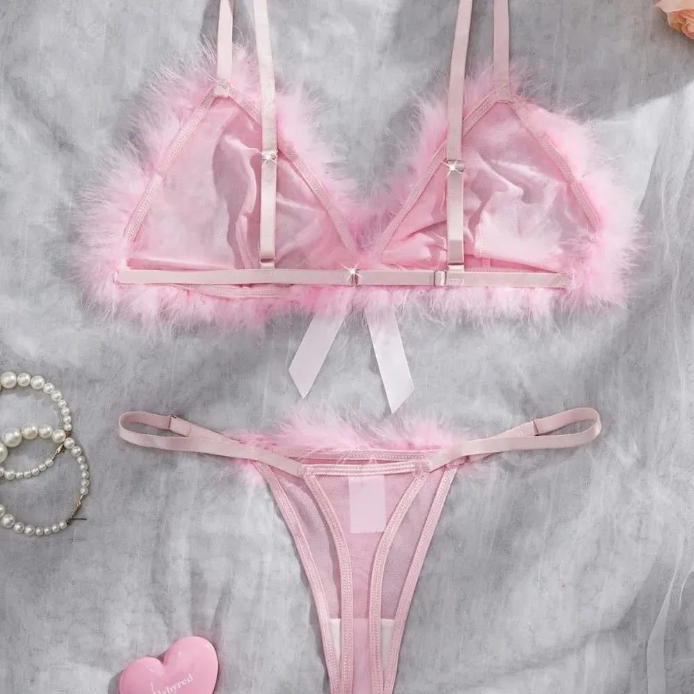 Furry Women's Underwear Mesh Transparent Wireless Lingerie Set Bow Decor Romantic Intimate Bra Panties Suit Intimate Moments — image 5