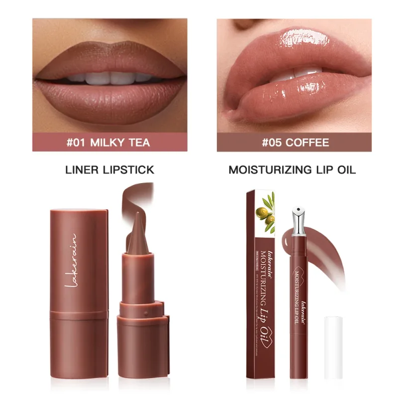 2Pcs Lip Liner & Lip Gloss Set Matte Black Brown Velvet Lipstick Waterproof Non-sticky Contour Lipliner Crayon Lip Makeup Tint — image 9