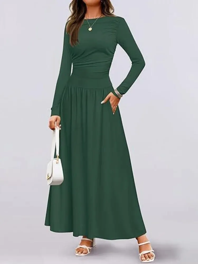 Musim luruh Ketibaan Baru Wanita Lengan Panjang Maxi Dress Selesa Fit Ruched Detail Pelbagai Warna untuk Pakaian Kasual Setiap Hari — image 3