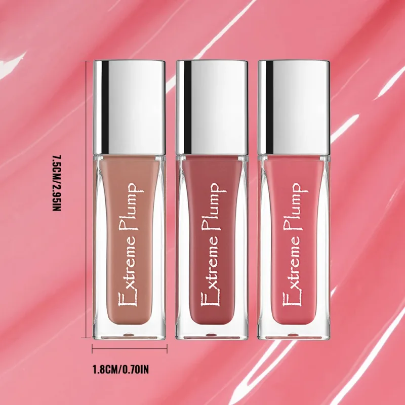 3 stk Extreme Plump Lip Gloss Sæt Spejlglas Finish Langvarig Hydrating Lip Glaze Ikke-klæbende Vandtæt nøgen flydende læbestift