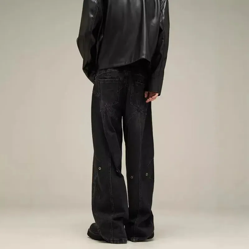 Vintage Black Washed Baggy Jeans Geometric Stitched Seam Wide Leg Denim Pants Y2K High Waist Loose Streetwear Trousers Men Women