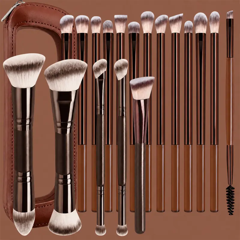 18Pcs Professional Makeup Brush Set Soft Synthetic Hair Foundation Powder Blending Eye Brushes With Leather Storage Bag