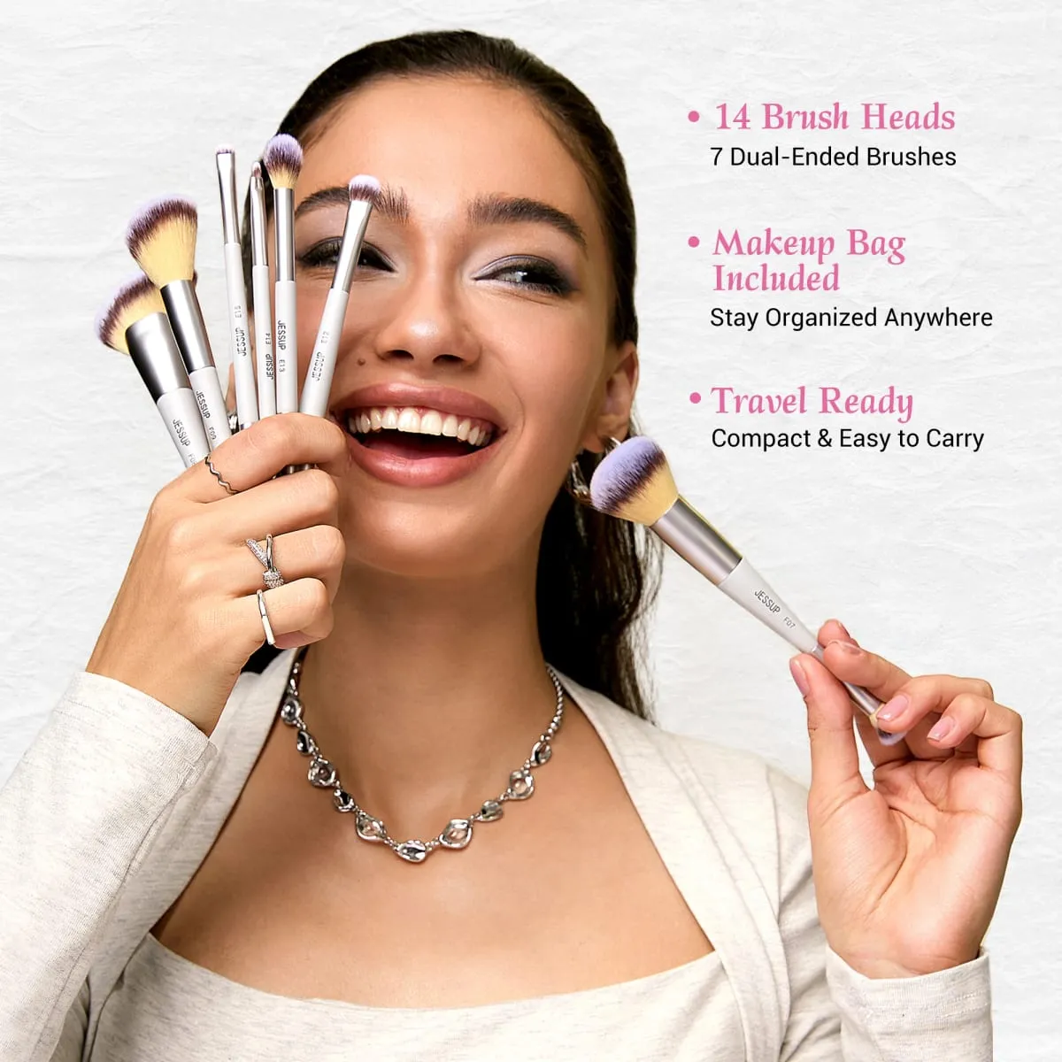 Jessup pincéis de maquiagem conjunto 3/7 pçs dupla terminou base sintética blush destaque mistura escova de sobrancelha com saco cinza silencioso t520 — image 6