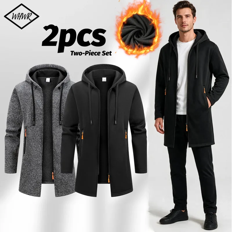 2Pcs Set Men Mid-Length Full Zip Hooded Jacket Fleece Lined Warm Coat with Drawstring Hood & Zipper Pockets Casual Outerwear for Fall Winter Daily Wear — image 10