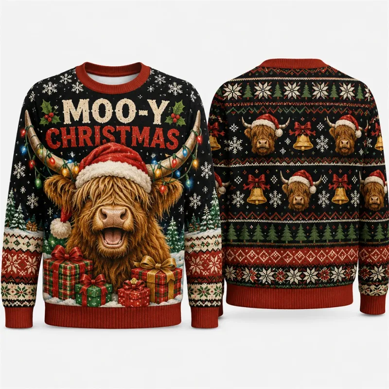 Moo Y Christmas Highland Cow Sweatshirt 3D Print Crew Neck Long Sleeve Men Women Ugly Xmas Party Holiday Autumn Pullover Fashion