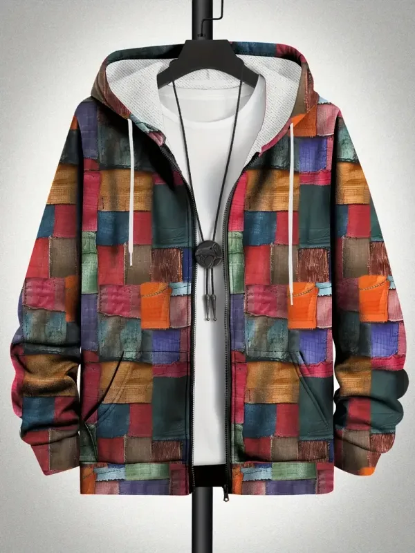 레트로 격자 무늬 인쇄 패치 워크 지퍼 업 까마귀 남성 의류 핫 스타일 긴 소매 풀오버 트렌드 streetwear 남자 지퍼 업 후드