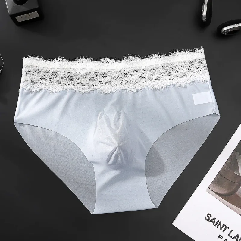 Calças triangulares masculinas de seda gelo com borda de renda, roupa íntima fina respirável sem rastros, cintura baixa, macia, sem costura, conforto masculino — image 6