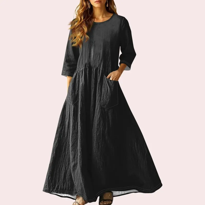 Women's Summer Loose Long Dresses Solid Color Three-quarter Sleeve Double Pocket Dress Loose Round Neck Linen Dress Vestidos — image 8