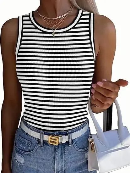 Women Striped Ribbed Tank Top 2026 Summer Casual Sleeveless Round Neck Slim Fit Vest Female Daily Streetwear Basic Undershirt