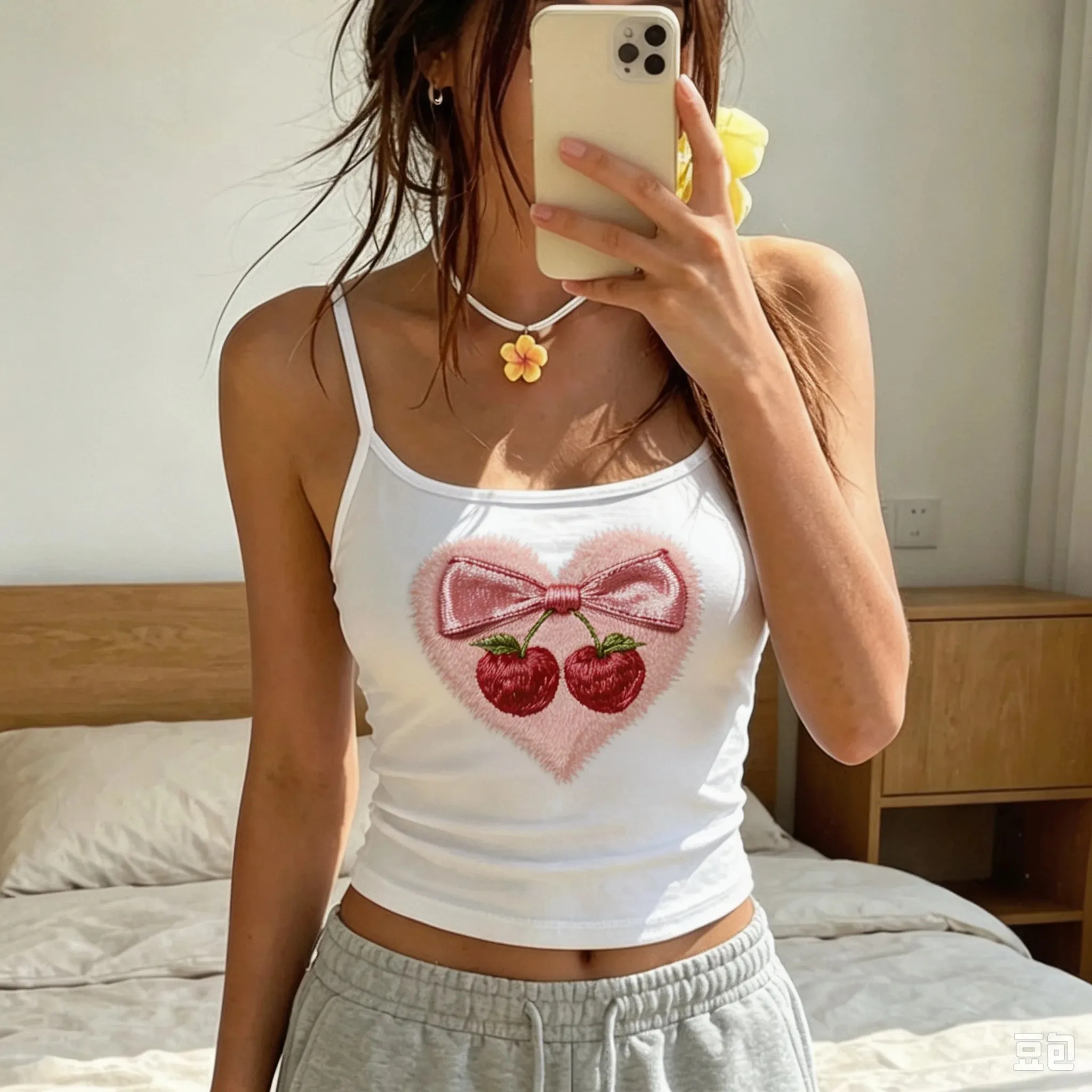 Cherry Heart Bow Tank Top Cute Coquette Cami Sweet Y2K Summer Top Girly Casual Streetwear