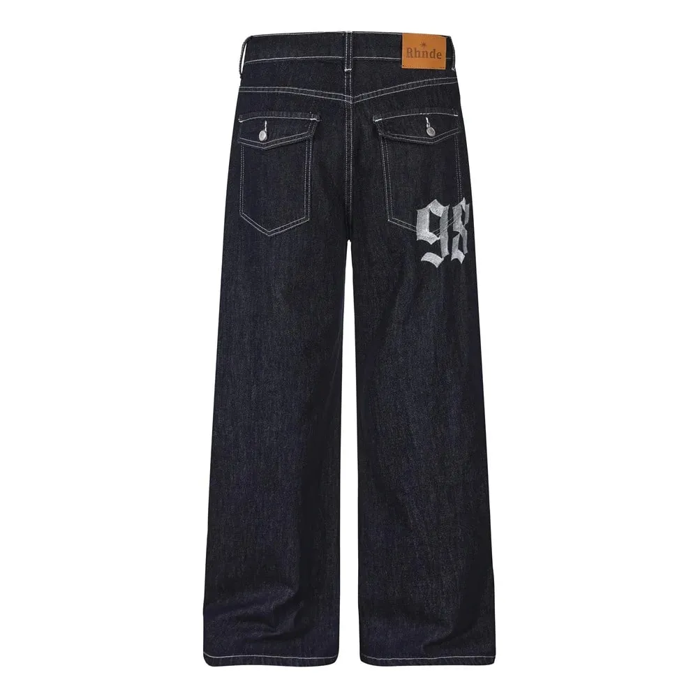 Men's Jeans High Street Trendy Vibe Workwear Letter Floral Embroidery Unique Loose Wide-Leg Trousers 2026 Autumn 17559 — image 4