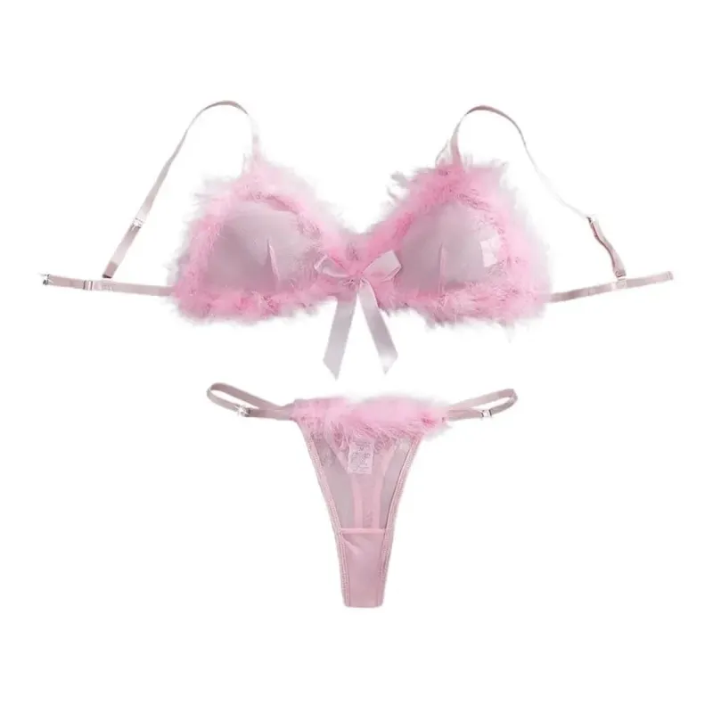 Sweet Furry Women's Underwear Wireless Mesh Transparent Lingerie Set Romantic Intimate Bow Decor Bra Panties Suit Anniversary