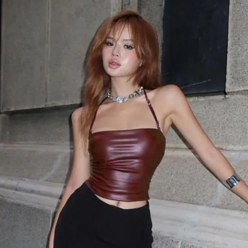 Wine Red PU Spliced One Shoulder Hanging Neck Strap Hot and Sexy Adjustable Backless Vest for External Wear — image 8
