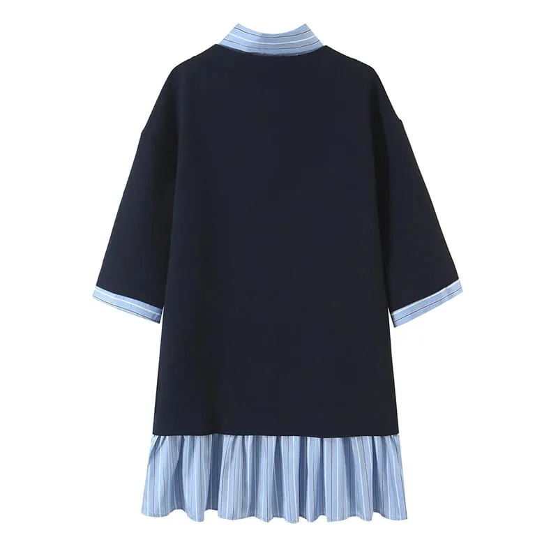 Ladies Contrast Stripe Spliced Casual Short Dress Bow Tie Neck Half Sleeve Ruffled Hem Loose Fit Commuter Dresses — image 2
