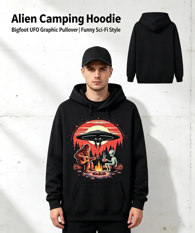 Unisex Alien and Bigfoot Campfire UFO Hoodie - Mysterious Creature Themed Sweater, Soft Breathable Cotton Blend Pullover with Kangaroo Pocket for Camping, Race Day and Mysterious Zoology Lovers (Black), Size S-XXXL, Lightweight — image 4