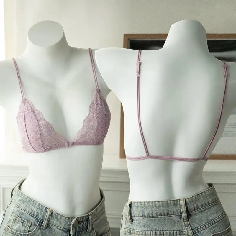 Reggiseno a triangolo sottile in pizzo sexy stile francese con bottone frontale Intimo senza fili da donna senza anello in acciaio Bellissimo reggiseno sulla schiena