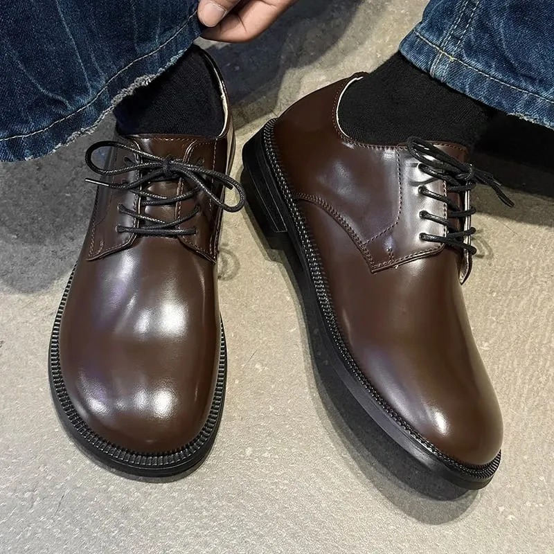 Men Round Toe Lace Up Derby Shoes Retro Simple Non Slip Breathable Comfortable Fashionable Commuting Shoes — image 2