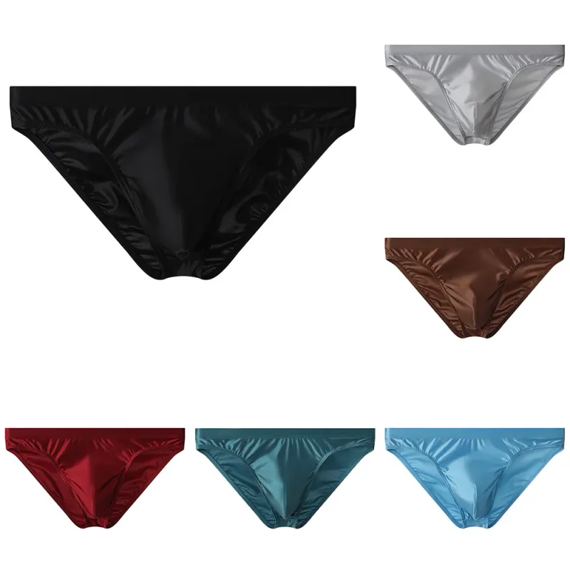 Luxury Brown Satin Men's Bikini Briefs High Elastic Waistband Smooth Shiny Underpants With 3D Contour Pouch Breathable Intimates