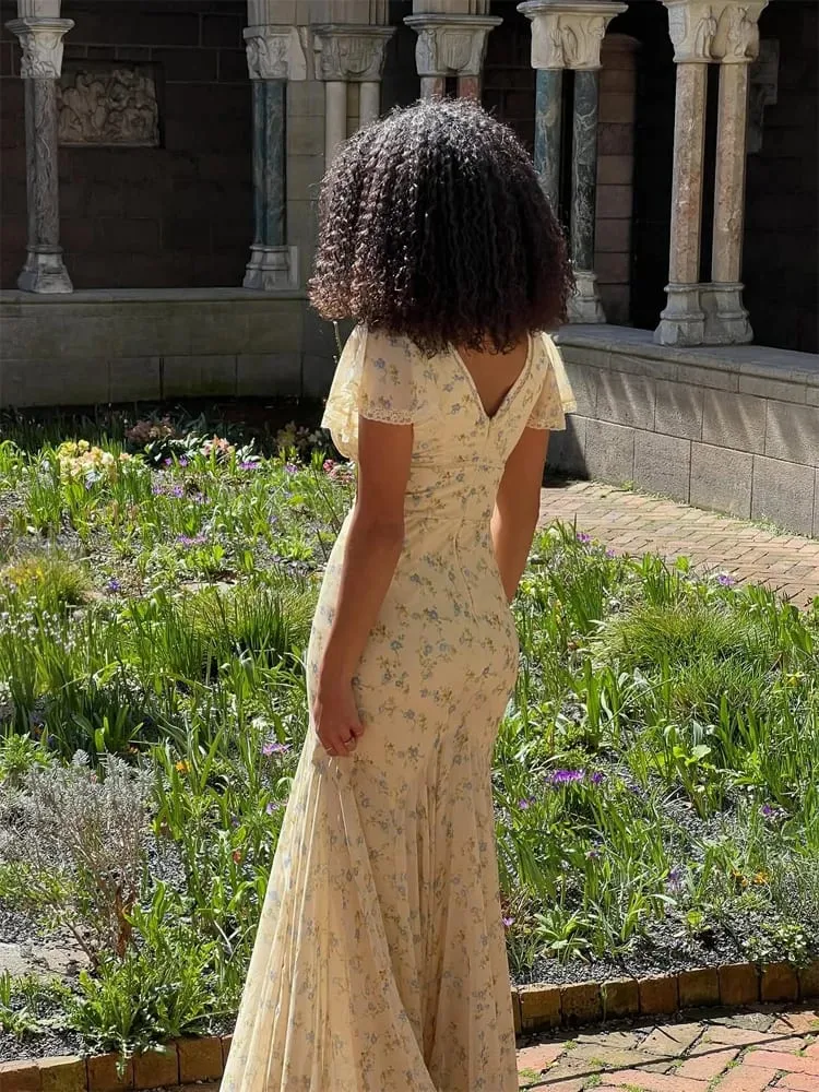 Pakaian Maxi Chiffon Cetak Bunga-bungaan Wanita Lengan Panjang V-leher Dalaman Romantik Gaun Potong Renda Tinggi Rendah 2026 Gaun Wanita Elegan Musim Panas — image 5