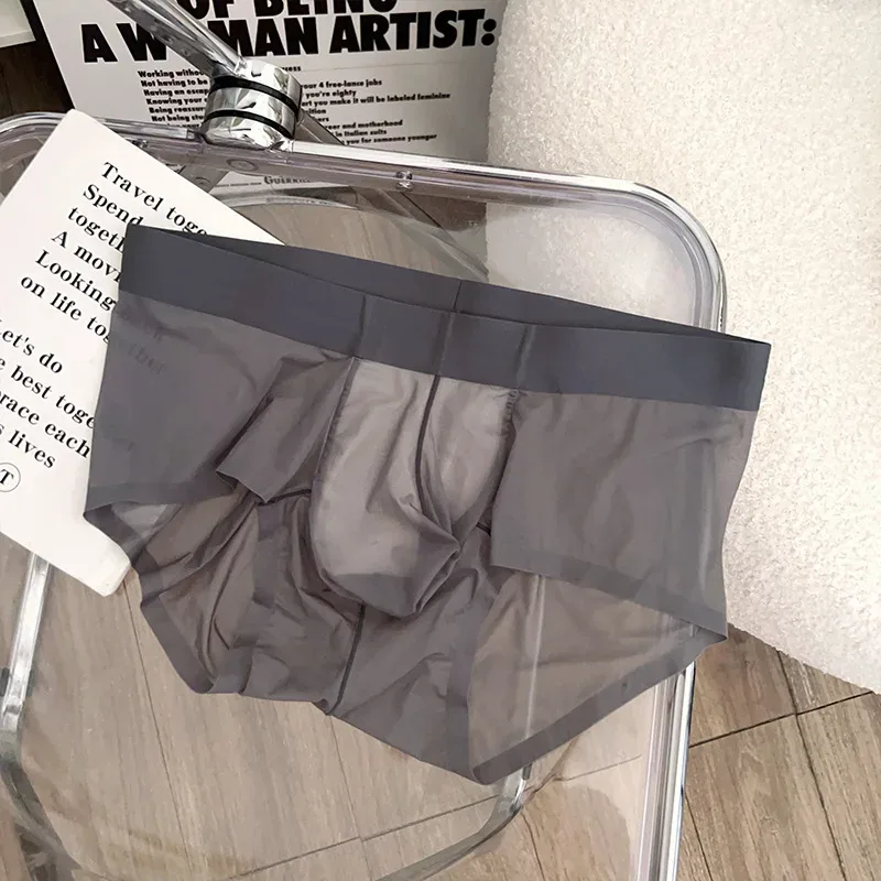 Cuecas masculinas transparentes ultra-finas de seda gelo calcinha de secagem rápida sexy u bulge bolsa homem roupa interior respirável cuecas — image 4