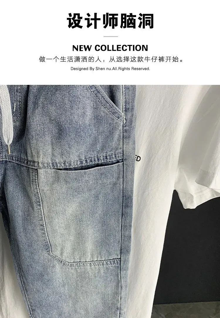 Pakaian jalanan Mewah Musim Gugur baru Korea Harajuku Stretch Lelaki Slim Solid Denim Kasual Seluar Pensel Seluar Jeans longgar kargo lelaki — image 7