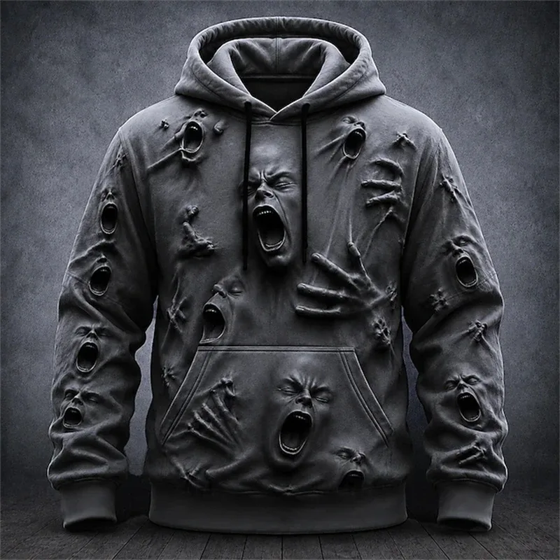 Men's Autumn Winter Halloween Hoodie Casual Pullover with Spooky Skull Print Loose Fit Festive Street-Style Top for Parties — image 3
