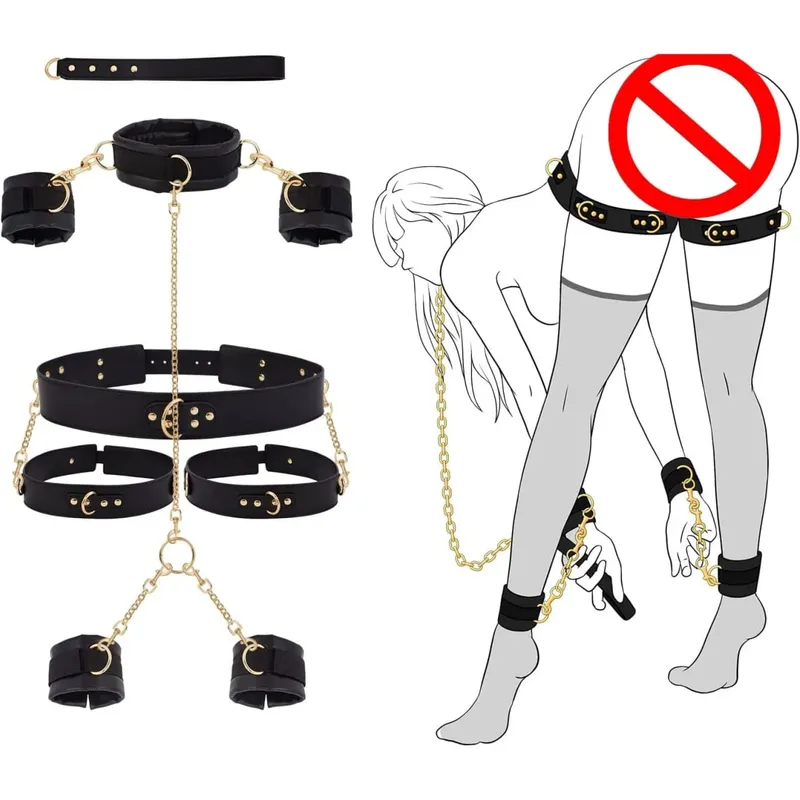 Perhambaan Seks Kit BDSM Sekatan Leher ke Pergelangan Tangan SM Borgol Boleh Laras Pergelangan Kaki Peha Cuff Cross Pinggang Tali Traksi Kolar Rantai — image 8