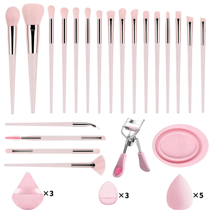 33Pcs Kit Alat Solek 20 Berus Solek Dengan Serbuk Pembersih Mangkuk Pelentik Bulu Mata Set Solek Muka Penuh
