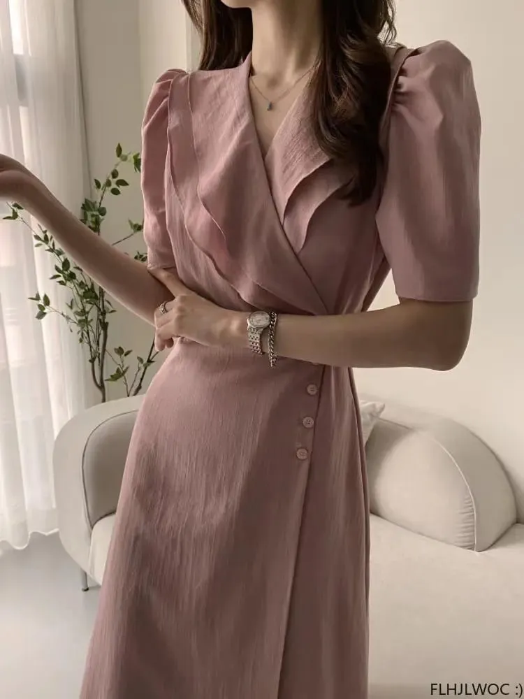Südkorea Chic Midi Kleid Frauen Sommer Japan Stil Retro Vintage Design Rüschen Rosa Einteiliges Spitze-Up Kleid FLHJLWOC Vestidos — image 5