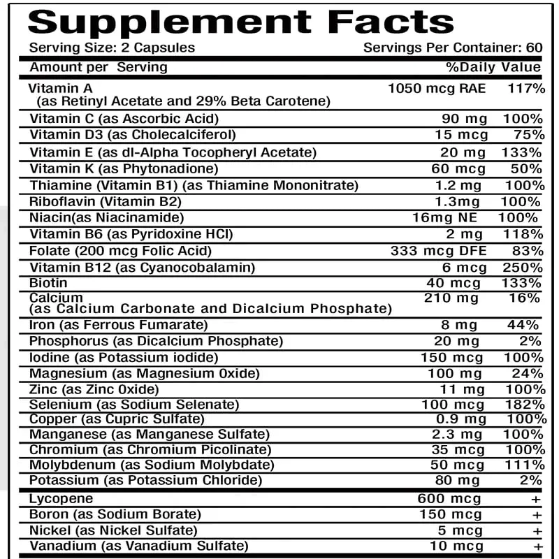 Fórmula super multivitamínica diária masculina de alta potência para mais de 50 anos para o cérebro, olhos e saúde do coração Vitaminas A C D E K B1 a B12 sem glúten