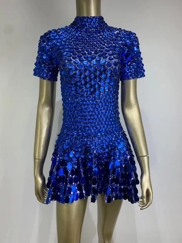 Estate donna moda mezzo collo alto manica corta sirena lucida paillettes mini abito club abito discoteca costume da spettacolo teatrale — image 11