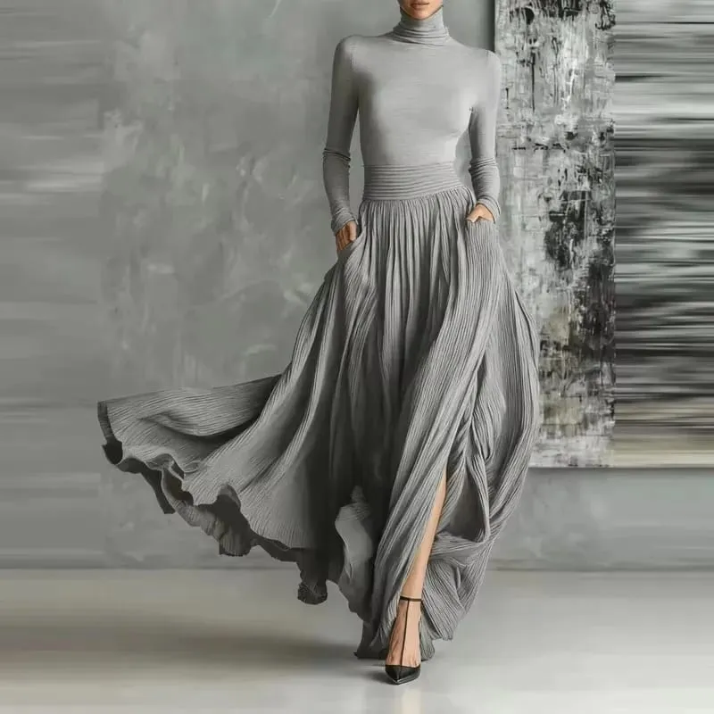 Francie Elegantní dvoudílná sukně pro dámské kapsy Pevný minimalistický dělený lem plisovaný A Line Vintage slim obleky s rolákem