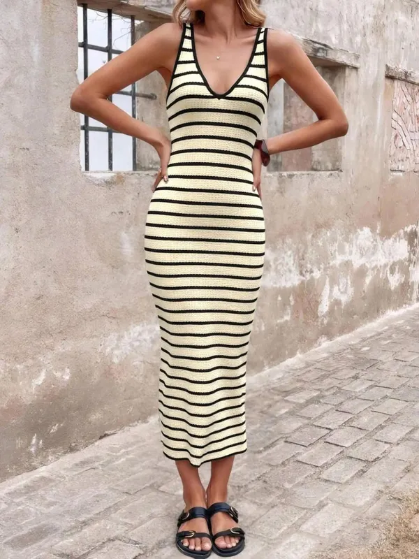 V Neck Striped Knit Midi Dress For Women Sleeveless Side Split Bodycon Long Dress Summer Casual Elegant Tank Dresses