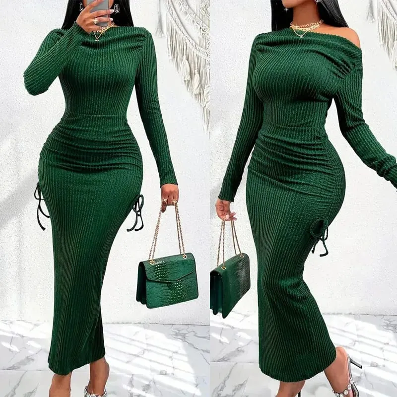 Vestidos De Verano Mujer New Slash Neck Dresses for Women Long Sleeve Women Dress Slim Lace-up Package Hip Dress Women
