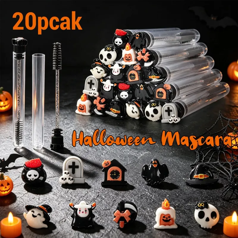 20Pcs Halloween Eyelash Spoolies Mascara Wands for Extensions Spooky Skull Pumpkin Gothic Eyebrow Brushes Lash Tech Supplies Gif