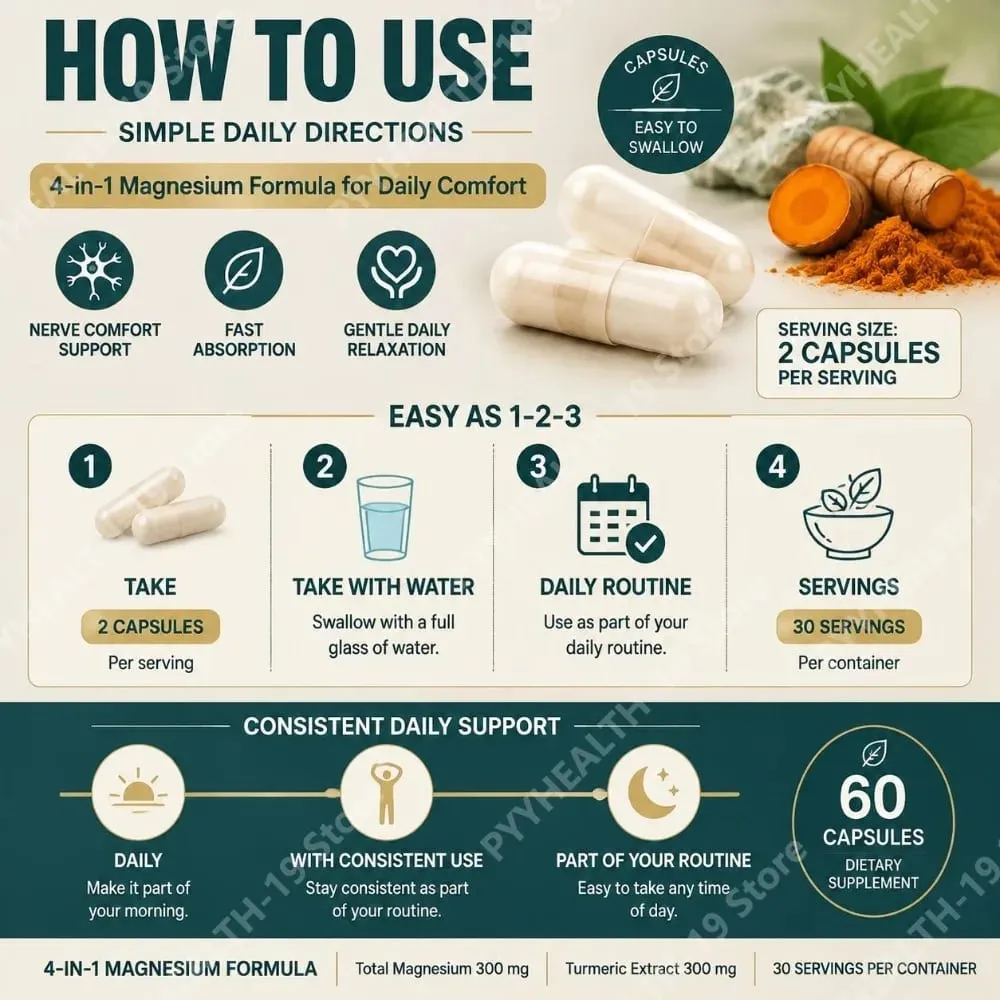 Kapsul Kompleks Magnesium 4-dalam-1 TriMagnes 300mg dengan Citrate Glycinate Malate Turmeric untuk Keselesaan Saraf Otot Relakskan 60 Ct