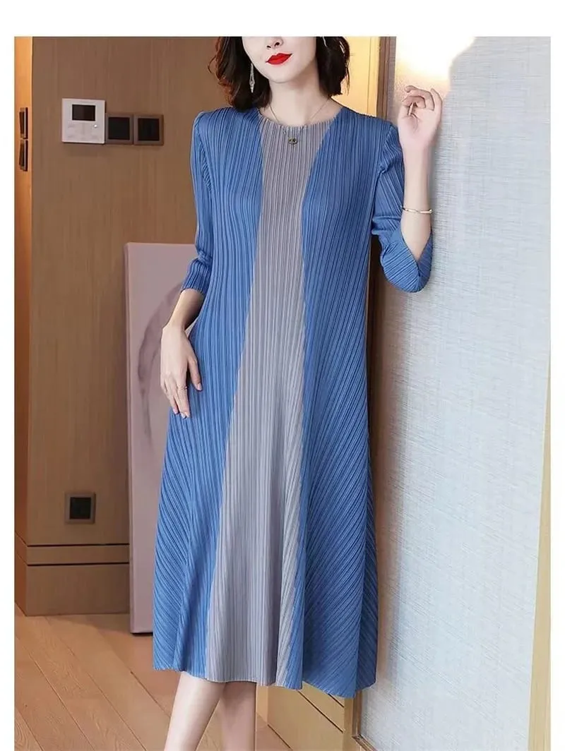 Miyake美麗晚禮服百褶女洋裝簡約時尚撞色彈性寬鬆短袖繫帶腰連身裙 — image 2