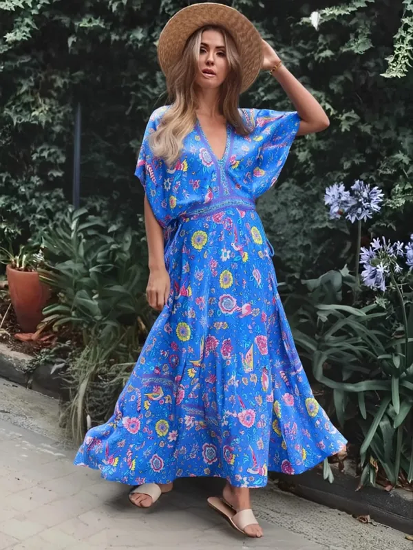 Boho Queens Wanita Merak Bunga Cetak Lengan Kelawar Pantai Bohemian Maxi Gaun Wanita V Leher Rumbai Gaun Musim Panas Vestidos — image 7