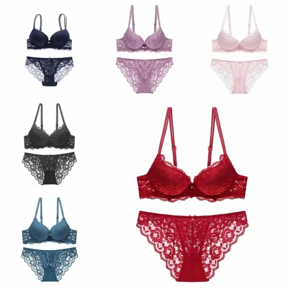 Comfortable Mesh Lace Flower Bra Low Waist Bowknot Push Up Bra Women Non Slip Lingerie Seamless Underwear Set Girl — image 5