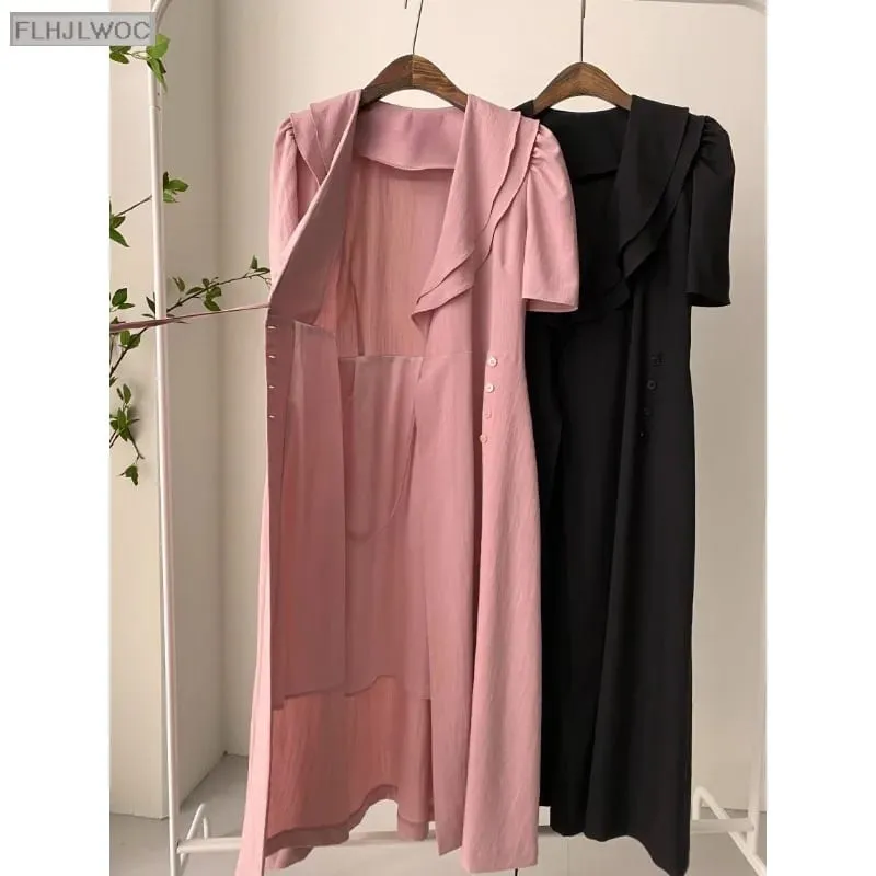 Südkorea Chic Midi Kleid Frauen Sommer Japan Stil Retro Vintage Design Rüschen Rosa Einteiliges Spitze-Up Kleid FLHJLWOC Vestidos — image 7
