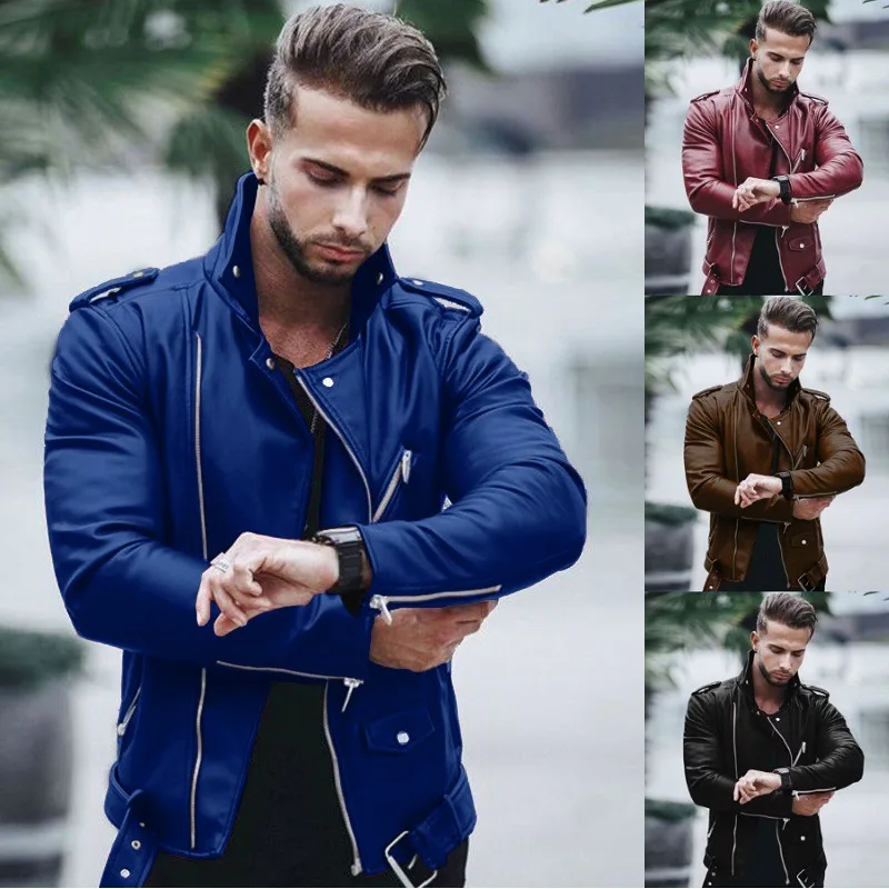 Fashion Leather Jackets Men Casual Slim Fit Turn Down Collar Male Jacket Men PU Leather Coat Men Autumn Winter Motorcycle Jacket — image 5