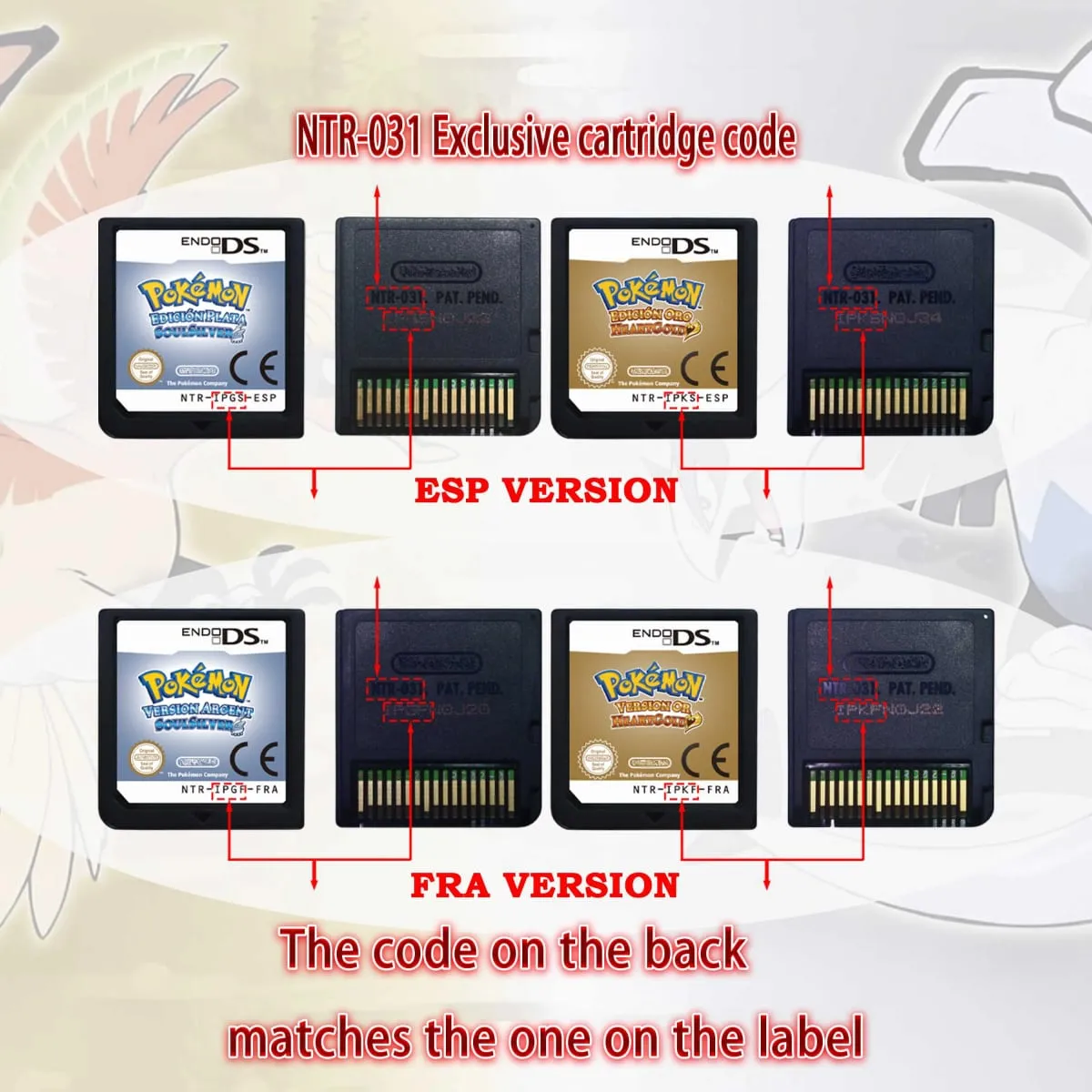 (미국 EUR AUS NOE ESP FRA ITA) 포켓몬 HeartGold SoulSilver 버전 고품질 정통 1:1 복제 DS 비디오 게임 카트리지 — image 2