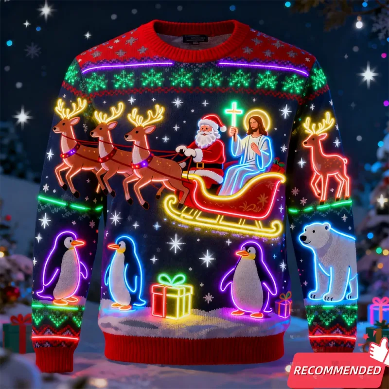 Fake Neon Light 3D Gedrukt Lelijke Kerst Trui Voor Vrouwen Mannen Kleding Vrolijk Kerstfeest Sneeuwpop Grappige Kerstman Jezus Truien trainingspak