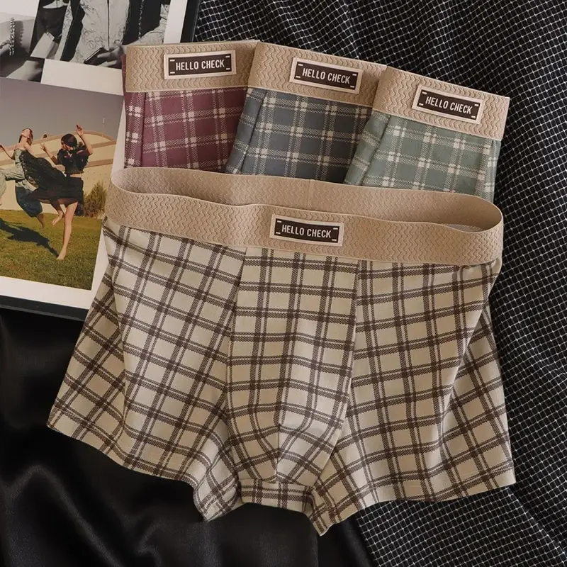 4-Piece Men's Checkered Printed Retro Boxer Shorts, Soft, Comfortable, Breathable Underwear, Men's Seamless Boxer Shorts