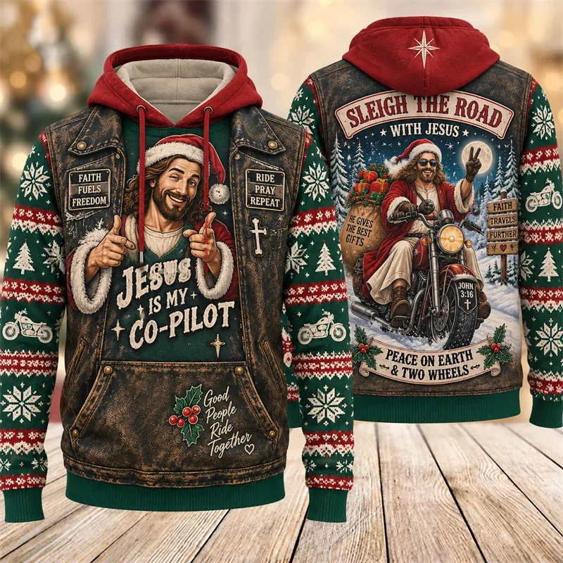 Funny Jesus Christmas Biker Hoodie 3D Graphic Motorcycle Rider Vintage Holiday Pullover Winter Streetwear Party Casual Gift